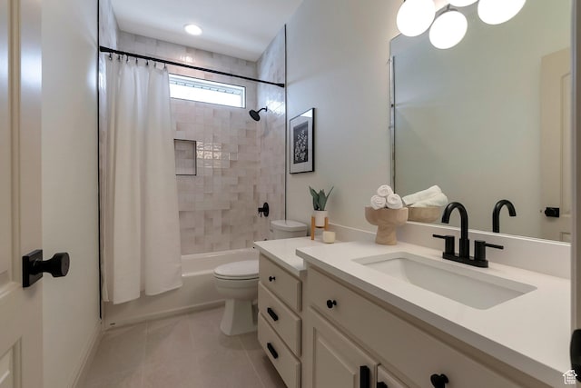 6264 W Skyline Dr N, Highland, UT 84003 - bathroom with shower / bathtub combination with curtain, toilet, tile patterned floors, and vanity