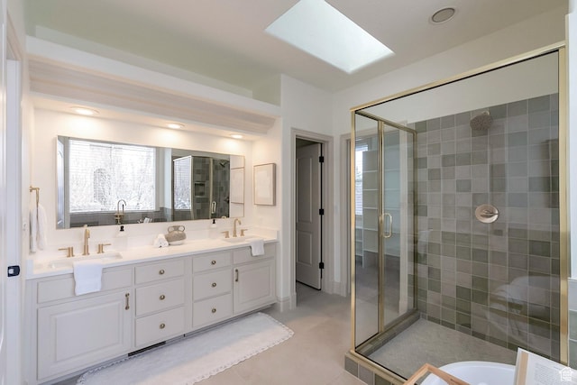 6264 W Skyline Dr N, Highland, UT 84003 - full bath featuring a shower stall, double vanity, a skylight, and a sink