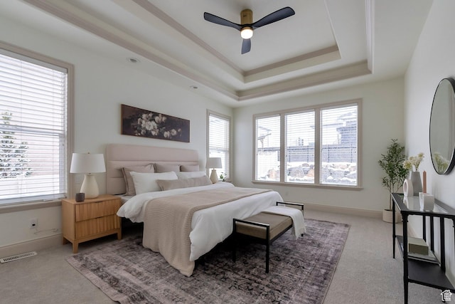 6264 W Skyline Dr N, Highland, UT 84003 - carpeted bedroom with baseboards, visible vents, a ceiling fan, and a raised ceiling