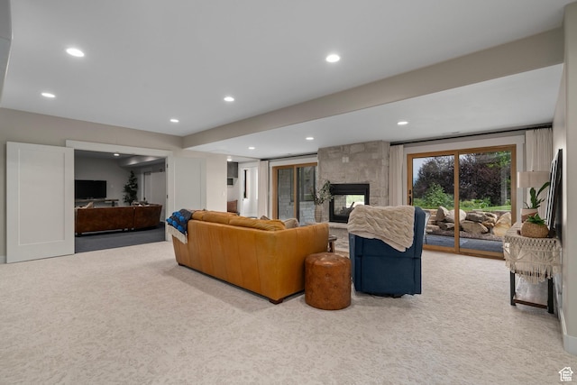 915 Farrell Farm Cir, Midway, UT 84049 - living area with a multi sided fireplace, recessed lighting, and carpet floors