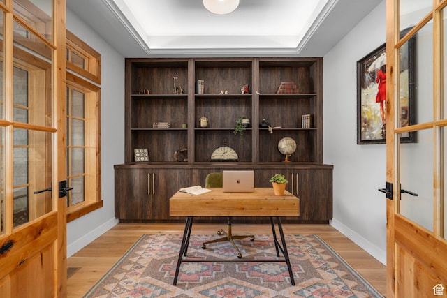 915 Farrell Farm Cir, Midway, UT 84049 - office area featuring light wood-type flooring, built in shelves, a raised ceiling, french doors, and baseboards