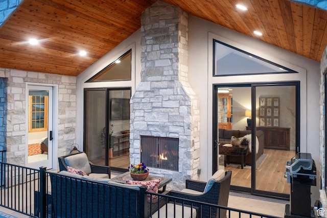 915 Farrell Farm Cir, Midway, UT 84049 - interior space featuring wooden ceiling, wood finished floors, an outdoor stone fireplace, and vaulted ceiling