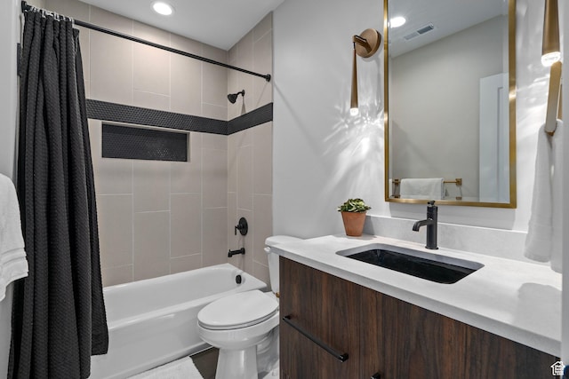 915 Farrell Farm Cir, Midway, UT 84049 - bathroom featuring vanity, toilet, shower / bathtub combination with curtain, and visible vents