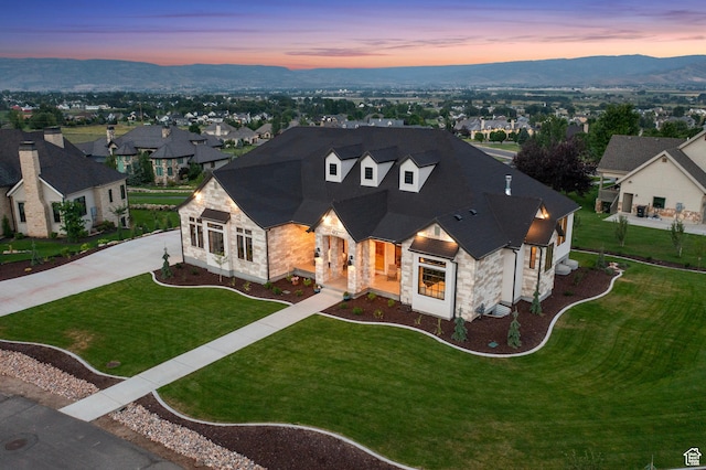 915 Farrell Farm Cir, Midway, UT 84049 - french country home featuring a residential view, driveway, a yard, stone siding, and a mountain view