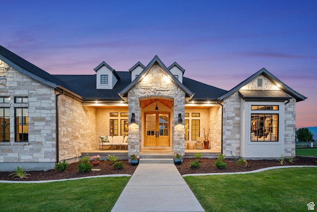 915 Farrell Farm Cir, Midway, UT 84049 - view of front of home featuring a front yard, a porch, stone siding, and a shingled roof
