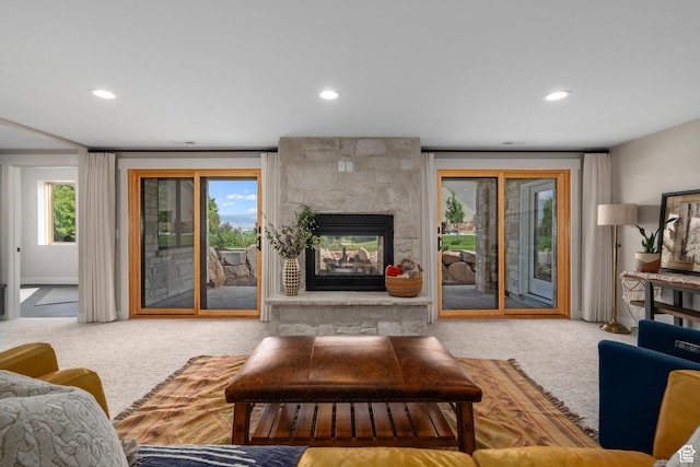 915 Farrell Farm Cir, Midway, UT 84049 - living area featuring recessed lighting, carpet flooring, a healthy amount of sunlight, and a multi sided fireplace