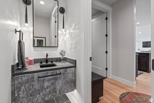 915 Farrell Farm Cir, Midway, UT 84049 - bathroom with vanity, recessed lighting, wood finished floors, and visible vents