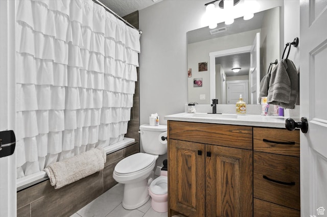 1490 N 4925 W, Plain City, UT 84404 - bathroom with vanity, visible vents, tile patterned floors, toilet, and shower / tub combo with curtain