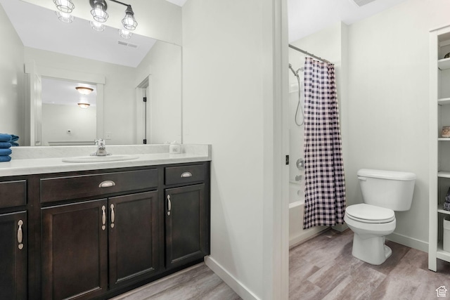 1843 E 970 N, Spanish Fork, UT 84660 - bathroom featuring shower / bathtub combination with curtain, vanity, visible vents, toilet, and wood finished floors