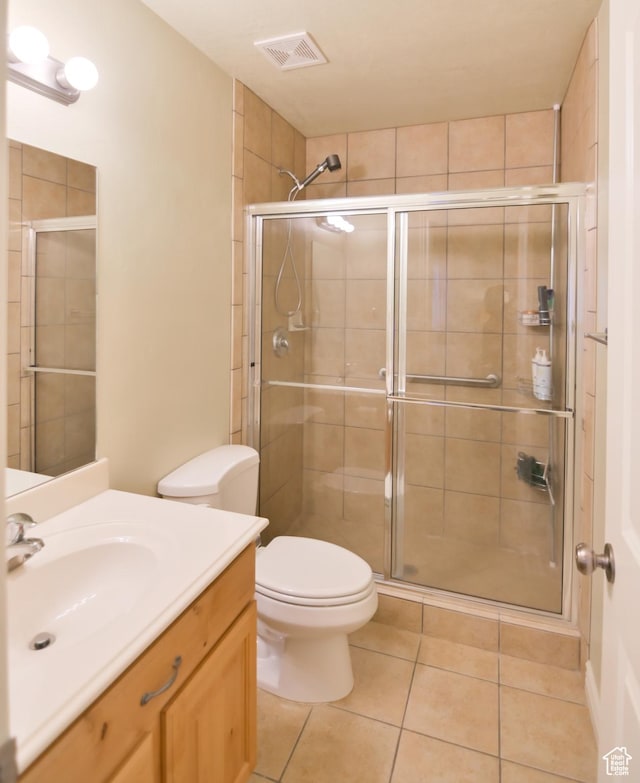 3131 E River Bottoms Rd S, Spanish Fork, UT 84660 - bathroom with visible vents, a shower stall, toilet, vanity, and tile patterned flooring