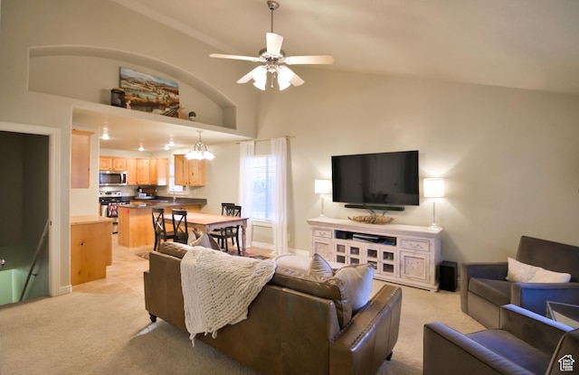 3131 E River Bottoms Rd S, Spanish Fork, UT 84660 - living area featuring baseboards, ceiling fan, high vaulted ceiling, and light carpet
