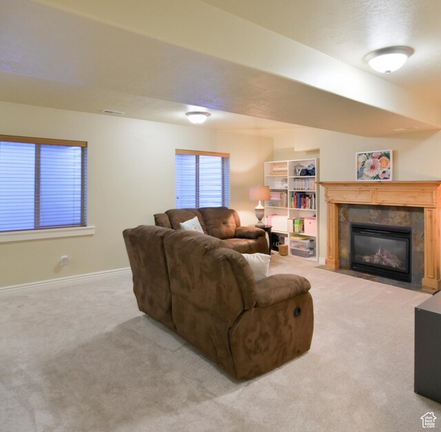 3131 E River Bottoms Rd S, Spanish Fork, UT 84660 - carpeted living area with baseboards, visible vents, and a tiled fireplace