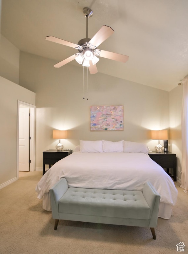 3131 E River Bottoms Rd S, Spanish Fork, UT 84660 - bedroom with carpet floors, baseboards, vaulted ceiling, and ceiling fan