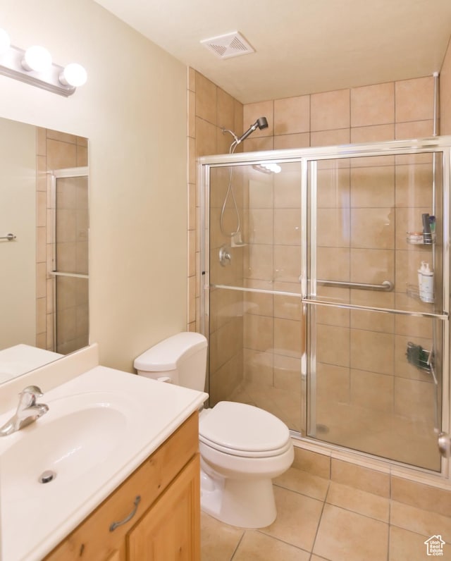 3131 E River Bottoms Rd S, Spanish Fork, UT 84660 - full bath featuring vanity, toilet, tile patterned floors, a stall shower, and visible vents
