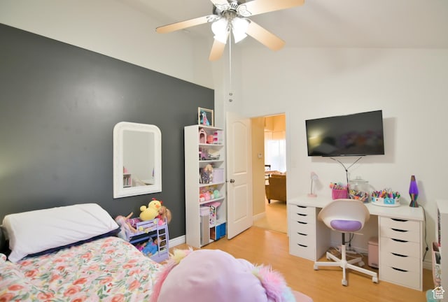 3131 E River Bottoms Rd S, Spanish Fork, UT 84660 - bedroom with a ceiling fan, light wood-style flooring, baseboards, and vaulted ceiling