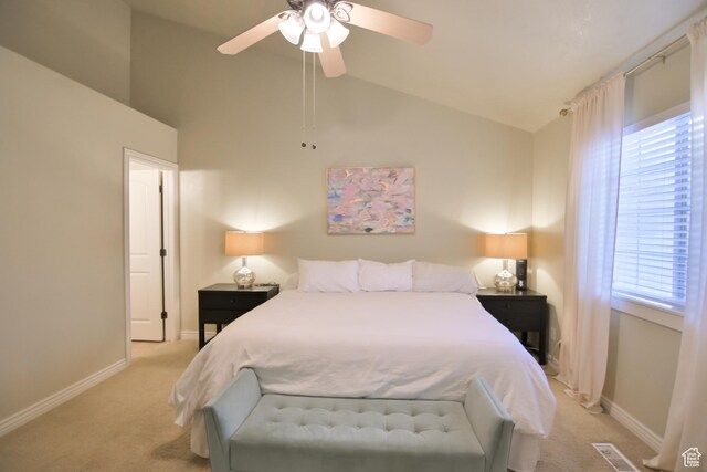 3131 E River Bottoms Rd S, Spanish Fork, UT 84660 - bedroom with light colored carpet, baseboards, vaulted ceiling, and ceiling fan