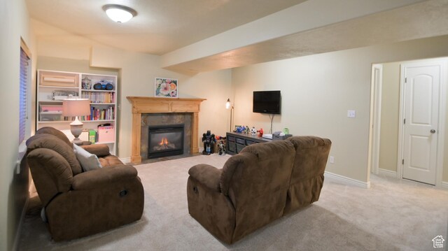 3131 E River Bottoms Rd S, Spanish Fork, UT 84660 - living area with carpet floors, baseboards, and a premium fireplace