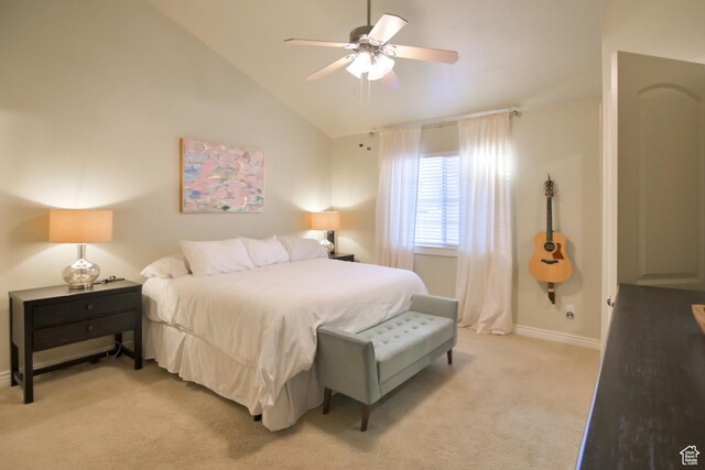 3131 E River Bottoms Rd S, Spanish Fork, UT 84660 - bedroom featuring a ceiling fan, vaulted ceiling, baseboards, and light colored carpet
