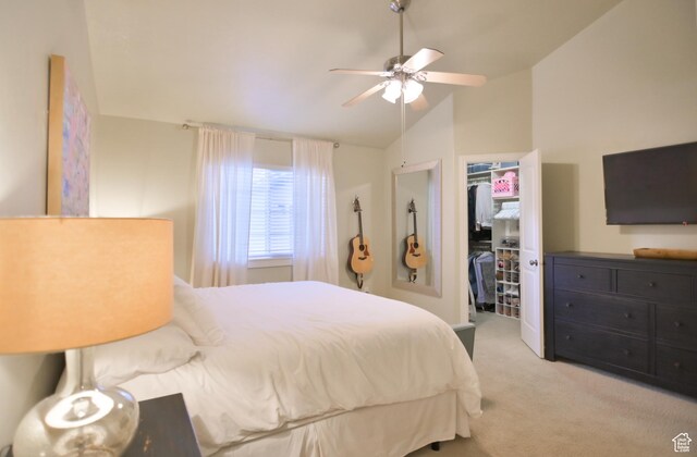 3131 E River Bottoms Rd S, Spanish Fork, UT 84660 - carpeted bedroom with a walk in closet, a closet, vaulted ceiling, and ceiling fan