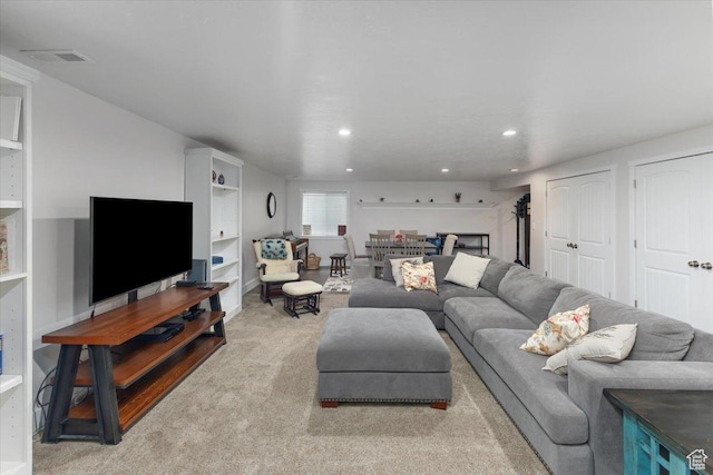 7114 N 2275 W, Honeyville, UT 84314 - living room featuring carpet flooring, visible vents, and recessed lighting