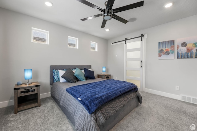53 E Polaris Dr, Saratoga Springs, UT 84045 - bedroom with visible vents, baseboards, carpet floors, recessed lighting, and a barn door