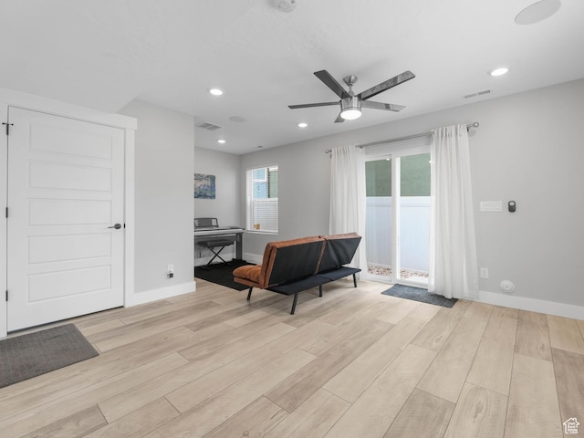 53 E Polaris Dr, Saratoga Springs, UT 84045 - sitting room featuring a ceiling fan, visible vents, baseboards, recessed lighting, and light wood-type flooring