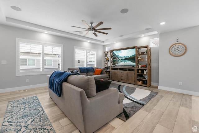 53 E Polaris Dr, Saratoga Springs, UT 84045 - living area featuring light wood finished floors, recessed lighting, baseboards, and a ceiling fan