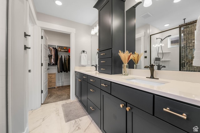 53 E Polaris Dr, Saratoga Springs, UT 84045 - full bathroom featuring a shower stall, double vanity, marble finish floor, and a sink
