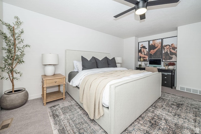 198 W Box Creek Dr, Stansbury Park, UT 84074 - bedroom with baseboards, visible vents, light colored carpet, and ceiling fan