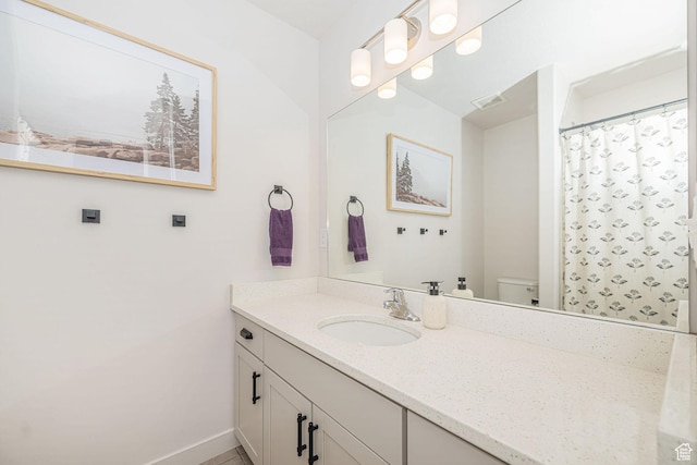 198 W Box Creek Dr, Stansbury Park, UT 84074 - full bathroom featuring visible vents, vanity, a shower with shower curtain, and toilet