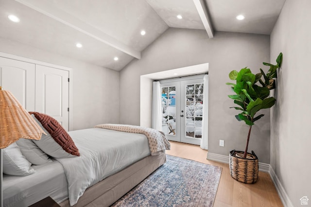 2651 E Hiawatha Cir, Salt Lake City, UT 84108 - bedroom featuring access to exterior, vaulted ceiling with beams, baseboards, french doors, and wood finished floors