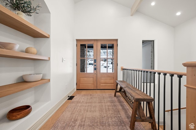 2651 E Hiawatha Cir, Salt Lake City, UT 84108 - foyer with baseboards, vaulted ceiling with beams, recessed lighting, light wood-style floors, and french doors
