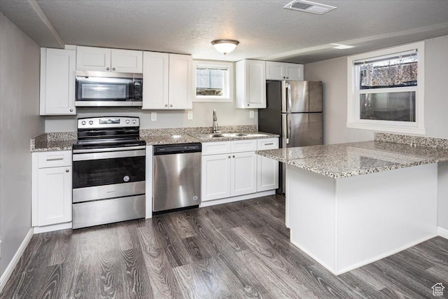 kitchen with visible vents, a sink, dark wood-style floors, white cabinetry, and appliances with stainless steel finishes