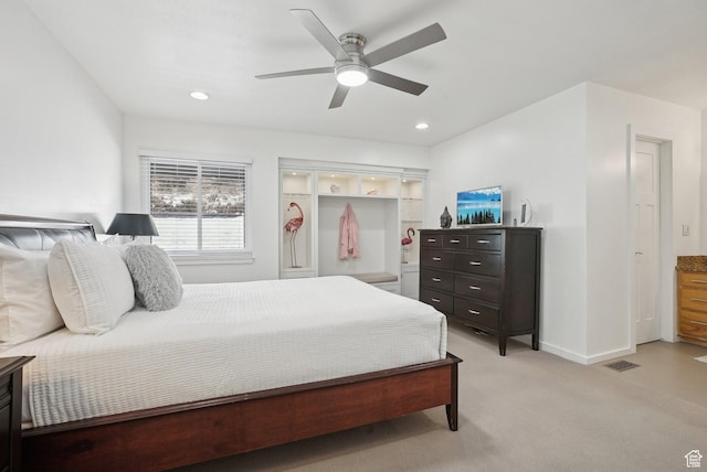 71 W Apricot Ave, Salt Lake City, UT 84103 - bedroom featuring visible vents, baseboards, light colored carpet, recessed lighting, and a ceiling fan