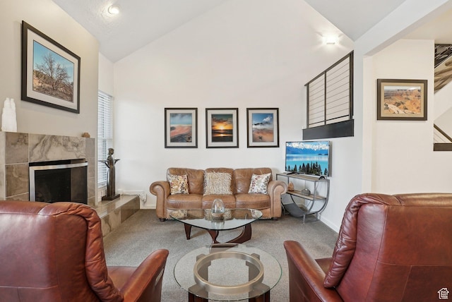 71 W Apricot Ave, Salt Lake City, UT 84103 - carpeted living area with baseboards, lofted ceiling, and a premium fireplace