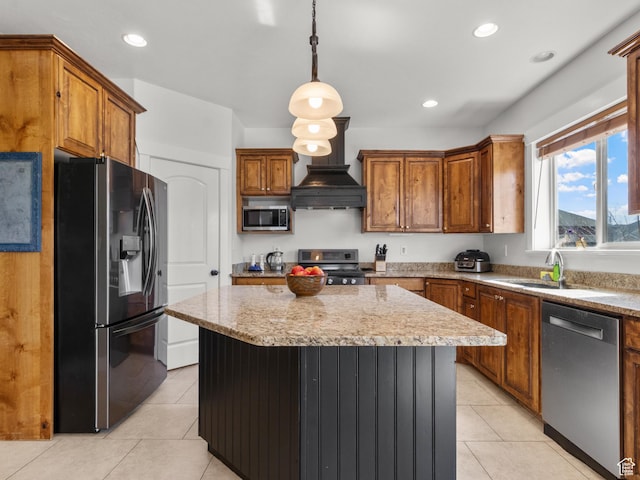 5927 Dartmouth Dr, Mountain Green, UT 84050 - kitchen with stainless steel appliances, premium range hood, a sink, light tile patterned floors, and recessed lighting