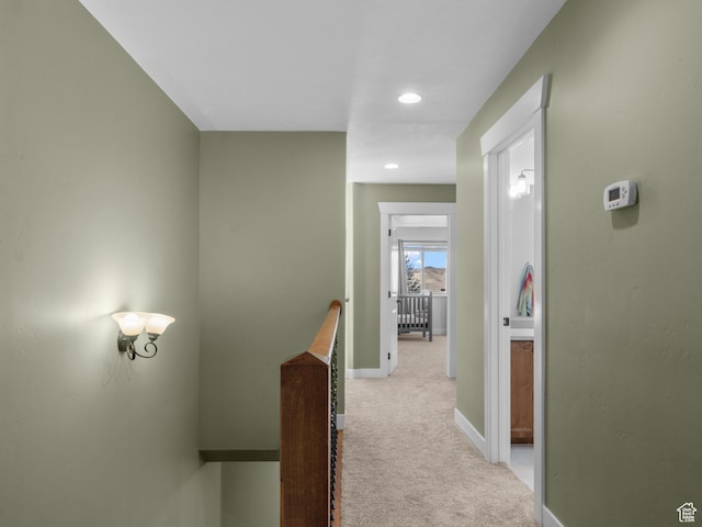 5927 Dartmouth Dr, Mountain Green, UT 84050 - hallway with an upstairs landing, light colored carpet, baseboards, and recessed lighting