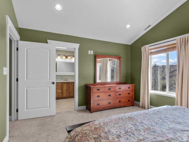 5927 Dartmouth Dr, Mountain Green, UT 84050 - bedroom featuring lofted ceiling, light colored carpet, ensuite bathroom, recessed lighting, and baseboards