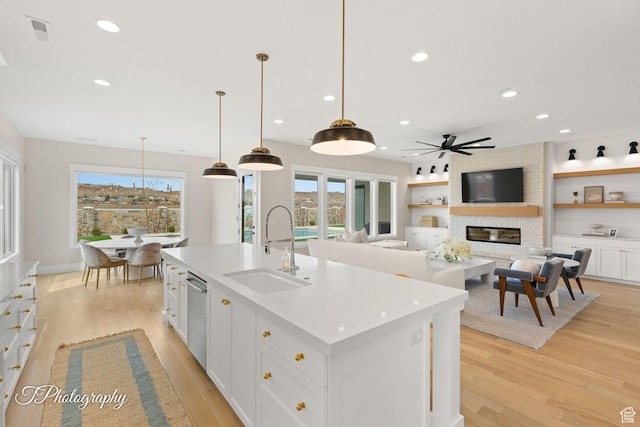 2092 S 3010 E, St George, UT 84790 - kitchen featuring light wood finished floors, a sink, white cabinets, stainless steel dishwasher, and a large fireplace
