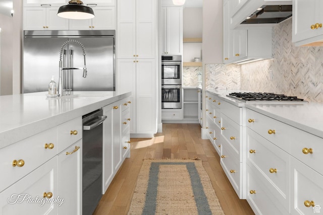 2092 S 3010 E, St George, UT 84790 - kitchen featuring ventilation hood, stainless steel appliances, light countertops, and light wood-style floors