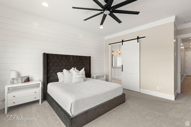 2092 S 3010 E, St George, UT 84790 - bedroom with baseboards, recessed lighting, ornamental molding, a barn door, and carpet flooring