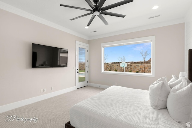 2092 S 3010 E, St George, UT 84790 - bedroom with access to exterior, light colored carpet, crown molding, and baseboards
