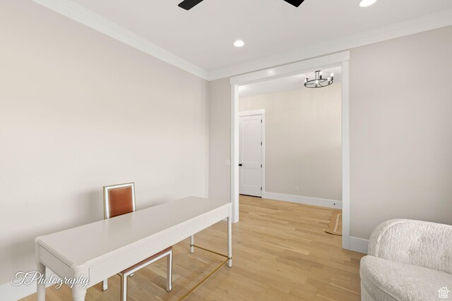 2092 S 3010 E, St George, UT 84790 - home office with recessed lighting, light wood-style flooring, baseboards, and ornamental molding