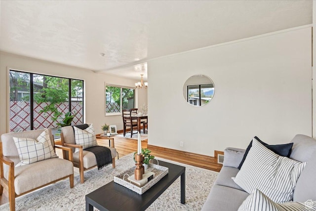 living area featuring an inviting chandelier, visible vents, baseboards, light wood-style floors, and ornamental molding