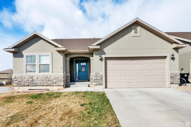 ranch-style home featuring stucco siding, stone siding, an attached garage, and driveway