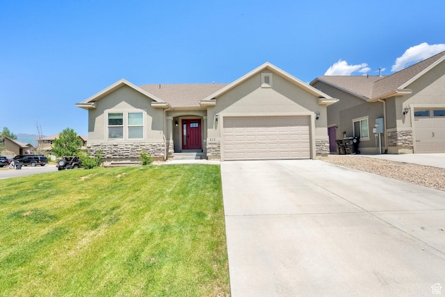 415 E Acord Way, Heber City, UT 84032 - ranch-style home with stone siding, stucco siding, a garage, and a front lawn