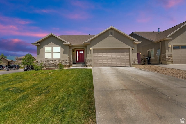 415 E Acord Way, Heber City, UT 84032 - single story home featuring stone siding, an attached garage, stucco siding, and a front yard