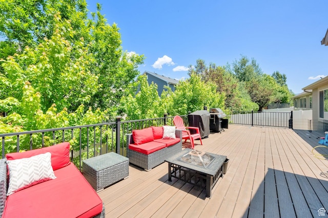 415 E Acord Way, Heber City, UT 84032 - wooden deck featuring an outdoor living space with a fire pit and area for grilling