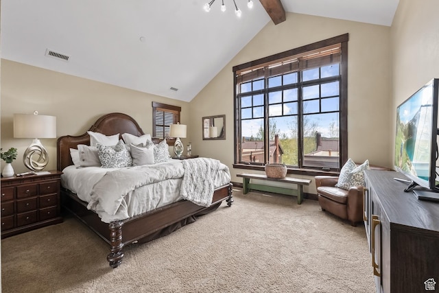 bedroom featuring beamed ceiling, visible vents, high vaulted ceiling, carpet flooring, and baseboards