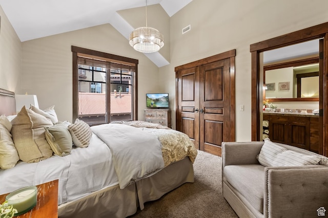 bedroom with visible vents, lofted ceiling, access to exterior, carpet flooring, and a chandelier